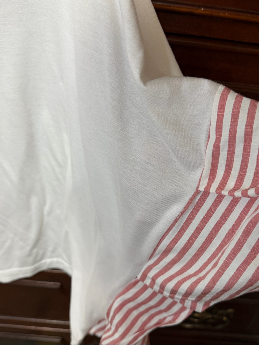 Women’s Cream Boatneck Top with Pink Stripe Accent sleeves. - Picture 3 of 5